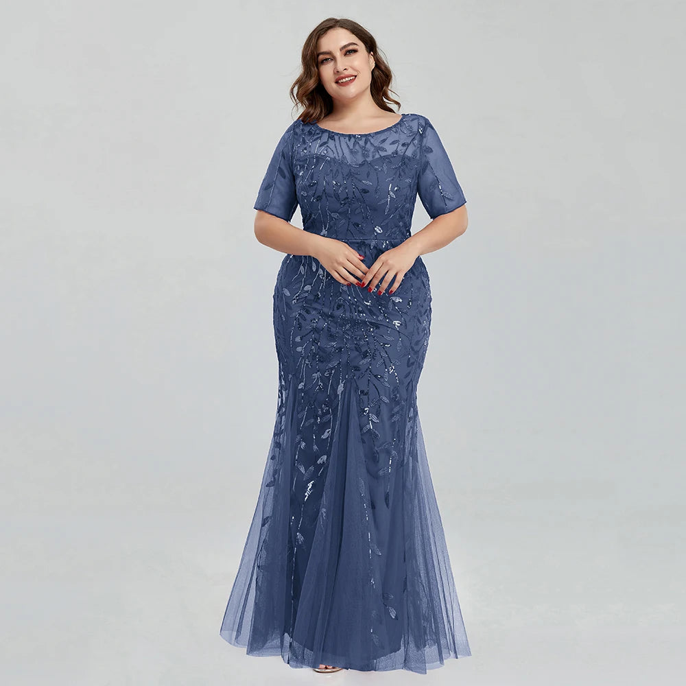Plus Size Sequin Mesh Embroidery Mermaid Evening Dress - Short Sleeve - JStorehub 