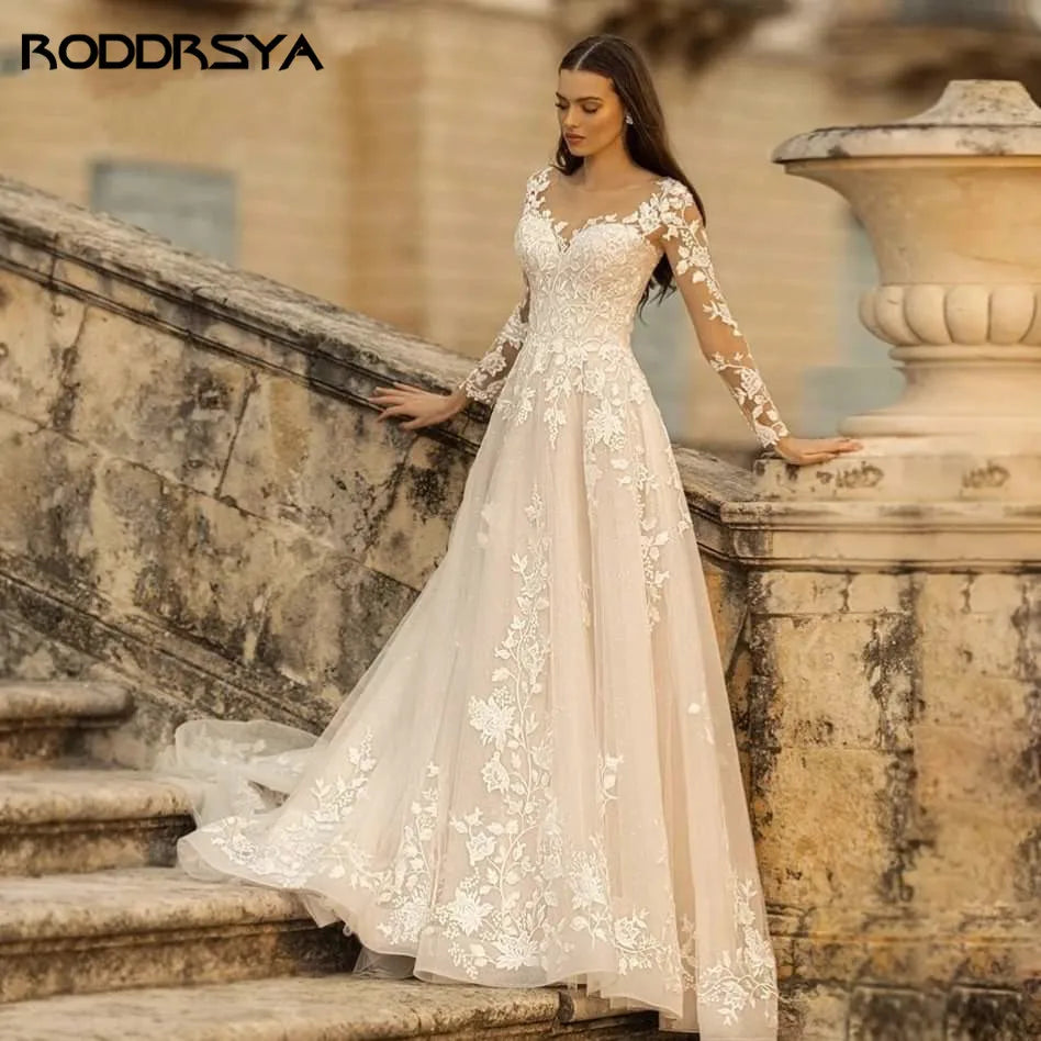 Elegant O-Neck Wedding Dress - Lace-Up A-Line Applique Tulle Long Sleeve Gown - JStorehub 