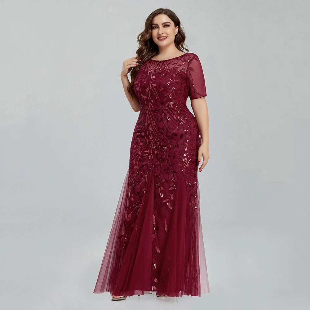 Plus Size Sequin Mesh Embroidery Mermaid Evening Dress - Short Sleeve - JStorehub 
