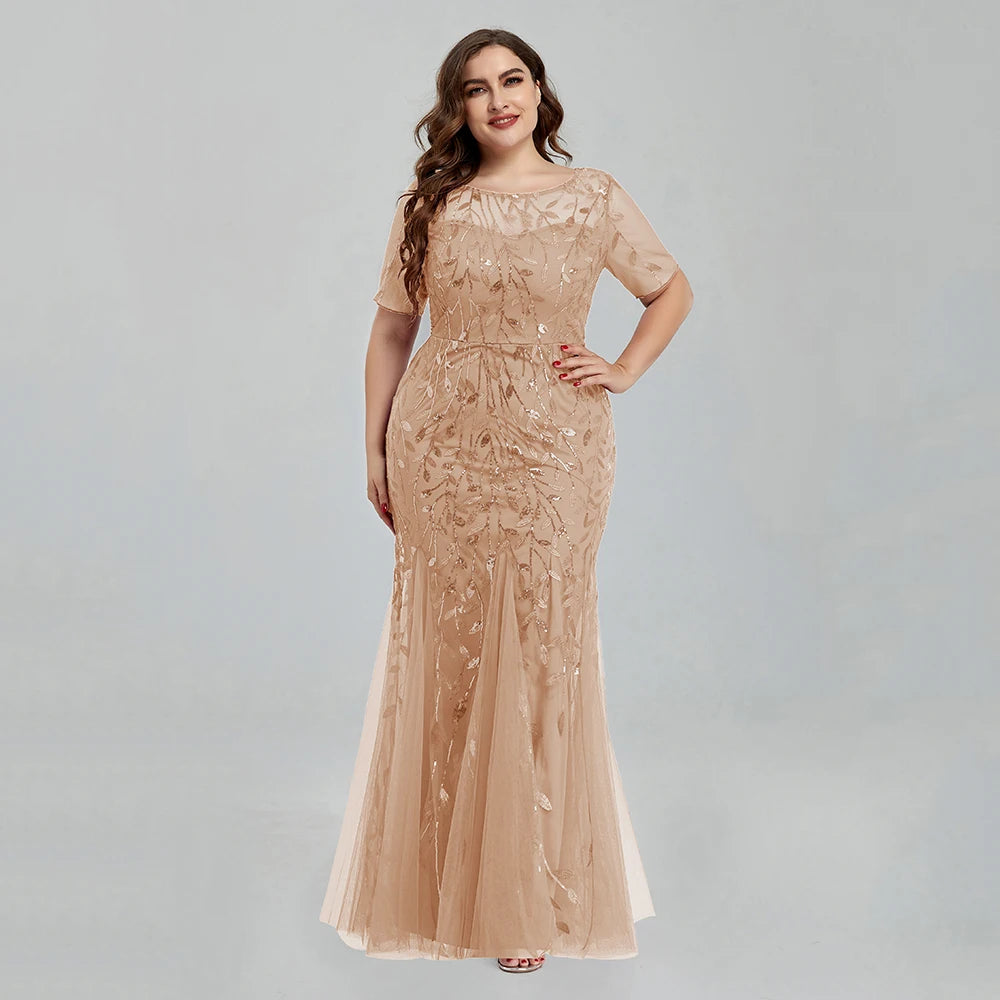 Plus Size Sequin Mesh Embroidery Mermaid Evening Dress - Short Sleeve