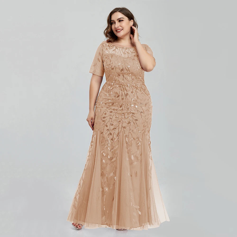 Plus Size Sequin Mesh Embroidery Mermaid Evening Dress - Short Sleeve