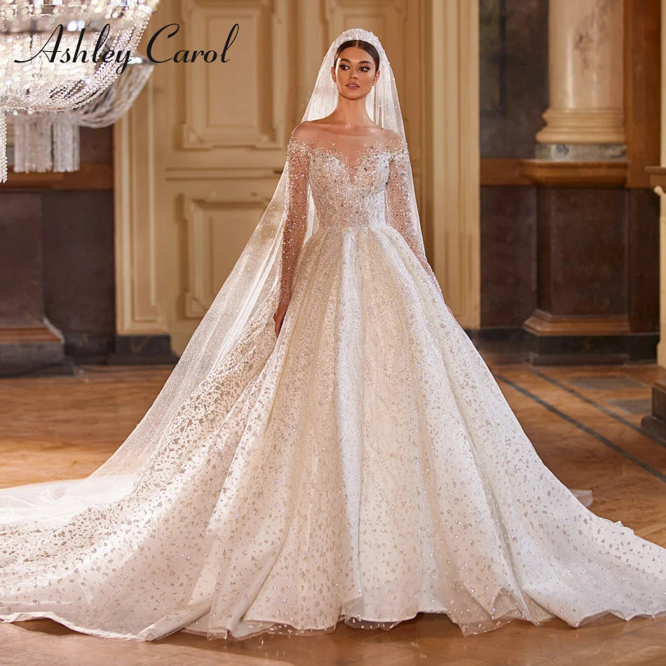 Luxury Long Sleeve Princess Wedding Dress - Sparkling Beaded Bridal Gown - JStorehub 