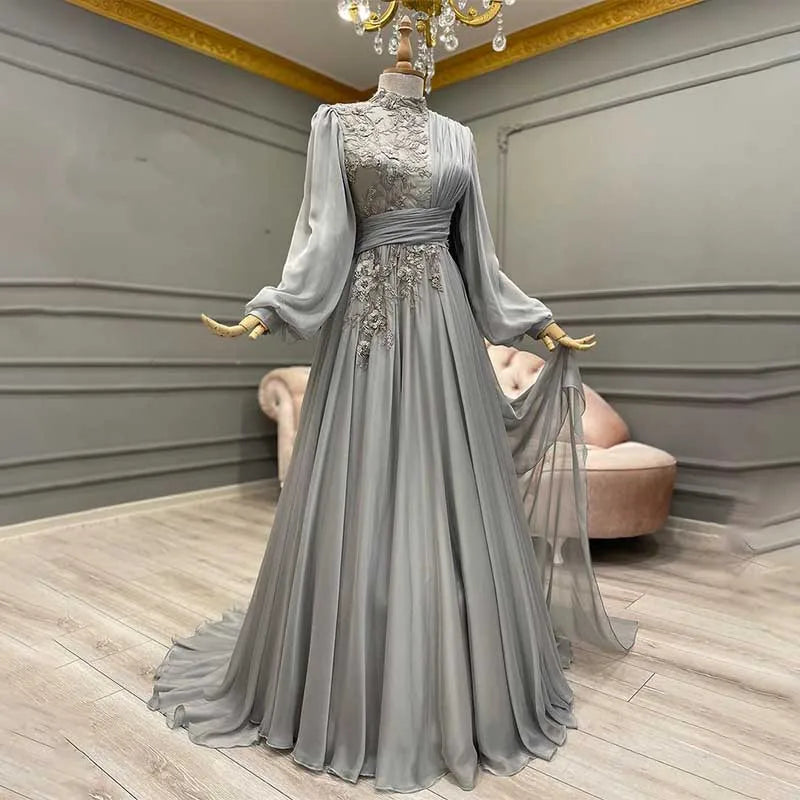 Arabic Muslim Long Sleeve Lace Chiffon Evening Gown - Saudi Formal Dress - JStorehub 