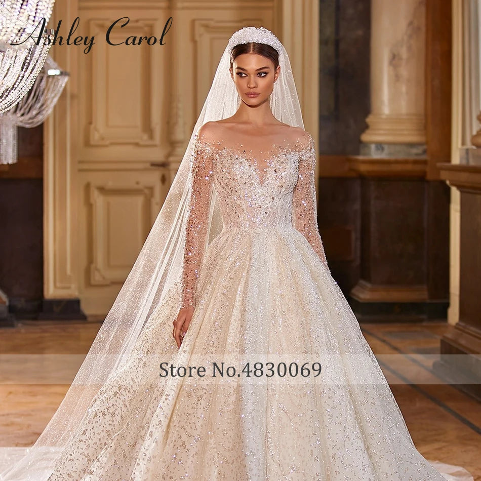 Luxury Long Sleeve Princess Wedding Dress - Sparkling Beaded Bridal Gown - JStorehub 