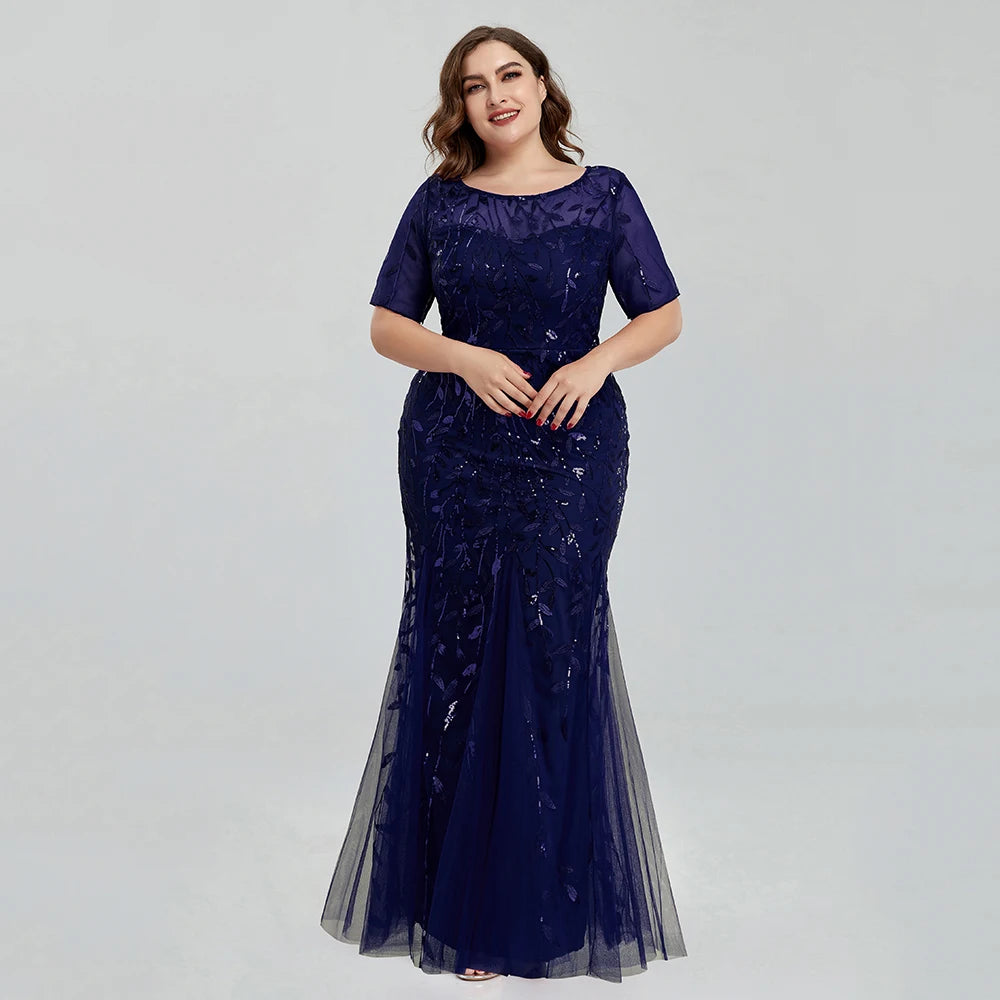 Plus Size Sequin Mesh Embroidery Mermaid Evening Dress - Short Sleeve