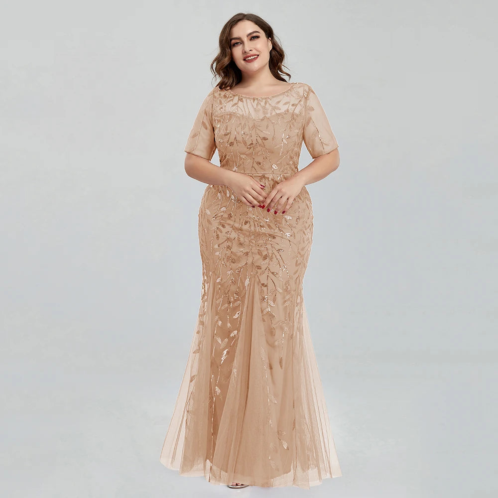 Plus Size Sequin Mesh Embroidery Mermaid Evening Dress - Short Sleeve