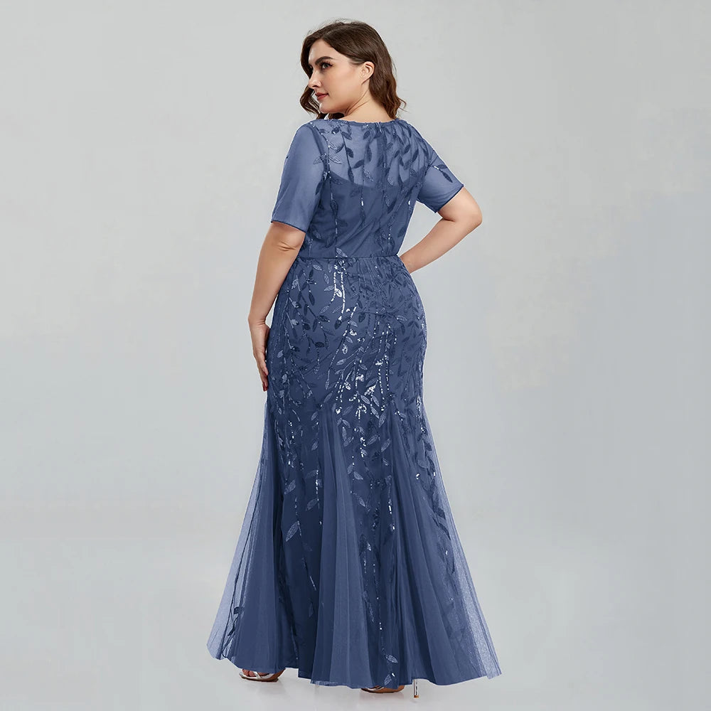 Plus Size Sequin Mesh Embroidery Mermaid Evening Dress - Short Sleeve - JStorehub 
