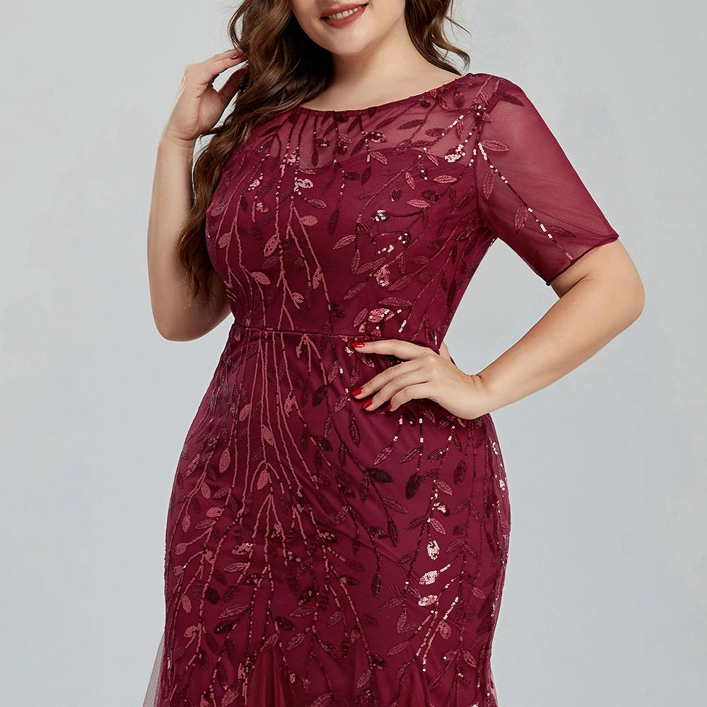 Plus Size Sequin Mesh Embroidery Mermaid Evening Dress - Short Sleeve - JStorehub 