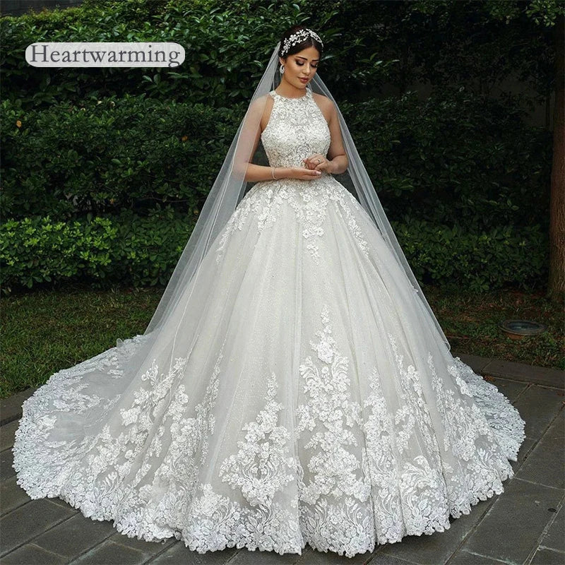 Luxury Lace Muslim Bride Wedding Dress - Ball Gown Sleeveless Plus Size - JStorehub 