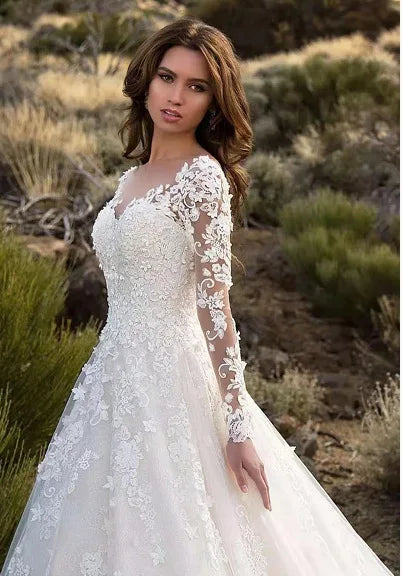 Elegant Long Sleeve Lace Plus Size Wedding Dress - 3XL Ball Gown Bridal Gown - JStorehub 