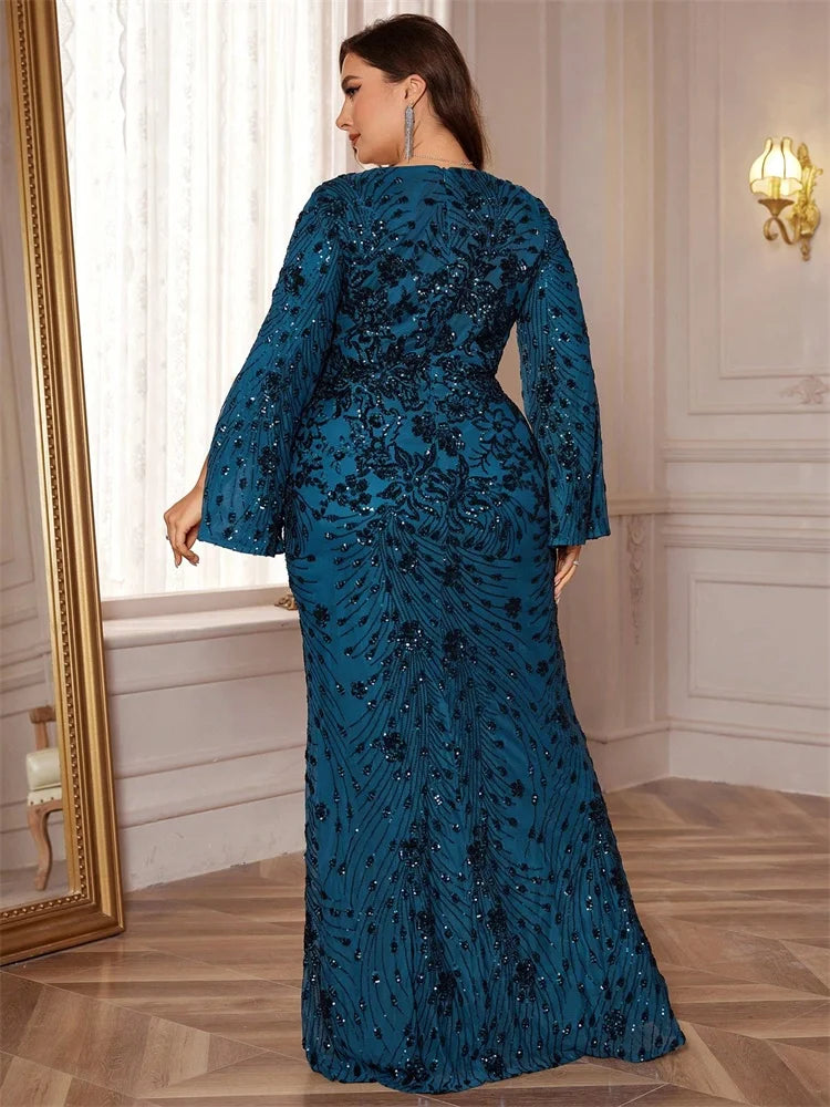 Plus Size Gold Sequin Mermaid Evening Dress - Long Sleeve Formal Prom Gown - SalmanStore 