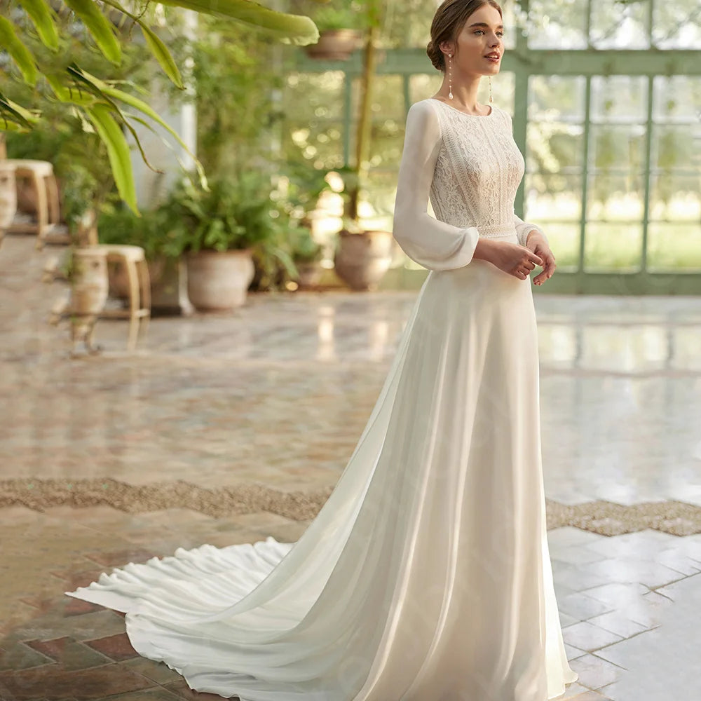 Customized Boho Beach Wedding Dress 2024 - Lace Long Sleeve Bridal Gown - JStorehub 