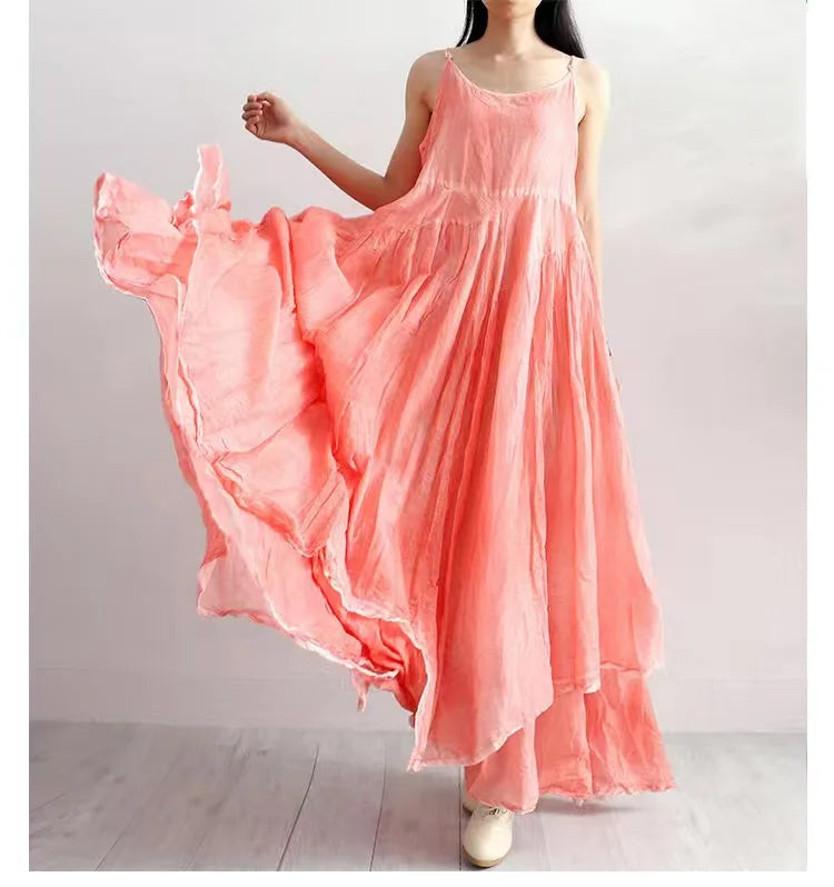 Summer Artistic Double Layer Linen Dress - Asymmetrical Hem Wide Waist - JStorehub 