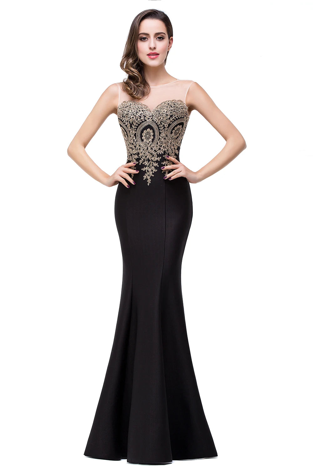 Golden Appliques Lace Mermaid Evening Dress - Sweetheart Illusion Prom Gown - SalmanStore 