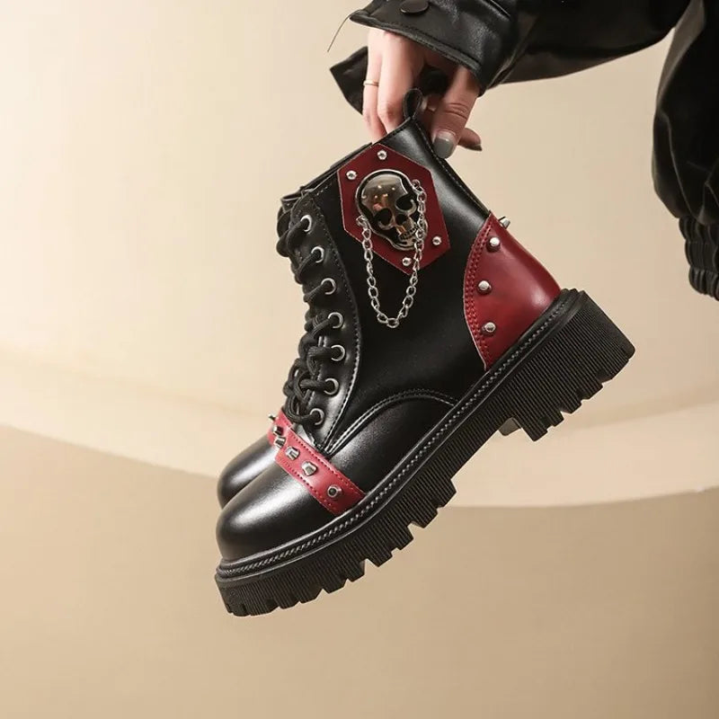 Women's Punk Ankle Boots - Platform Buckle Lace-Up Block Heel Shoes - JStorehub 