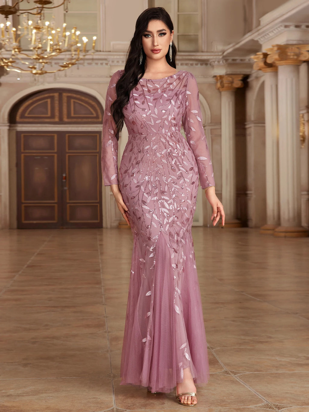 Mermaid Tulle Embroidery Evening Dress - O-Neck Full Sleeve Formal Gown - SalmanStore 