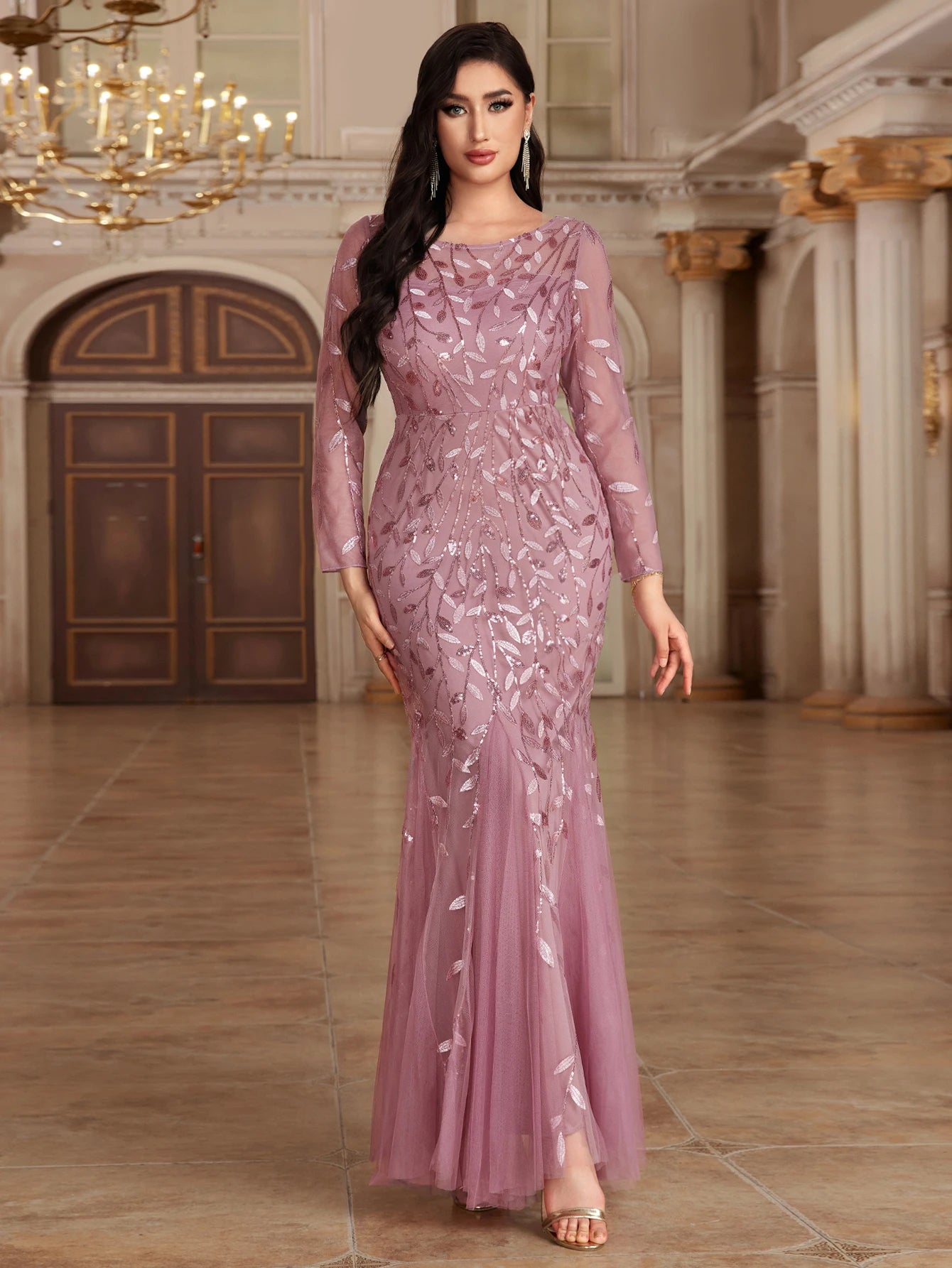 Mermaid Tulle Embroidery Evening Dress - O-Neck Full Sleeve Formal Gown - SalmanStore 