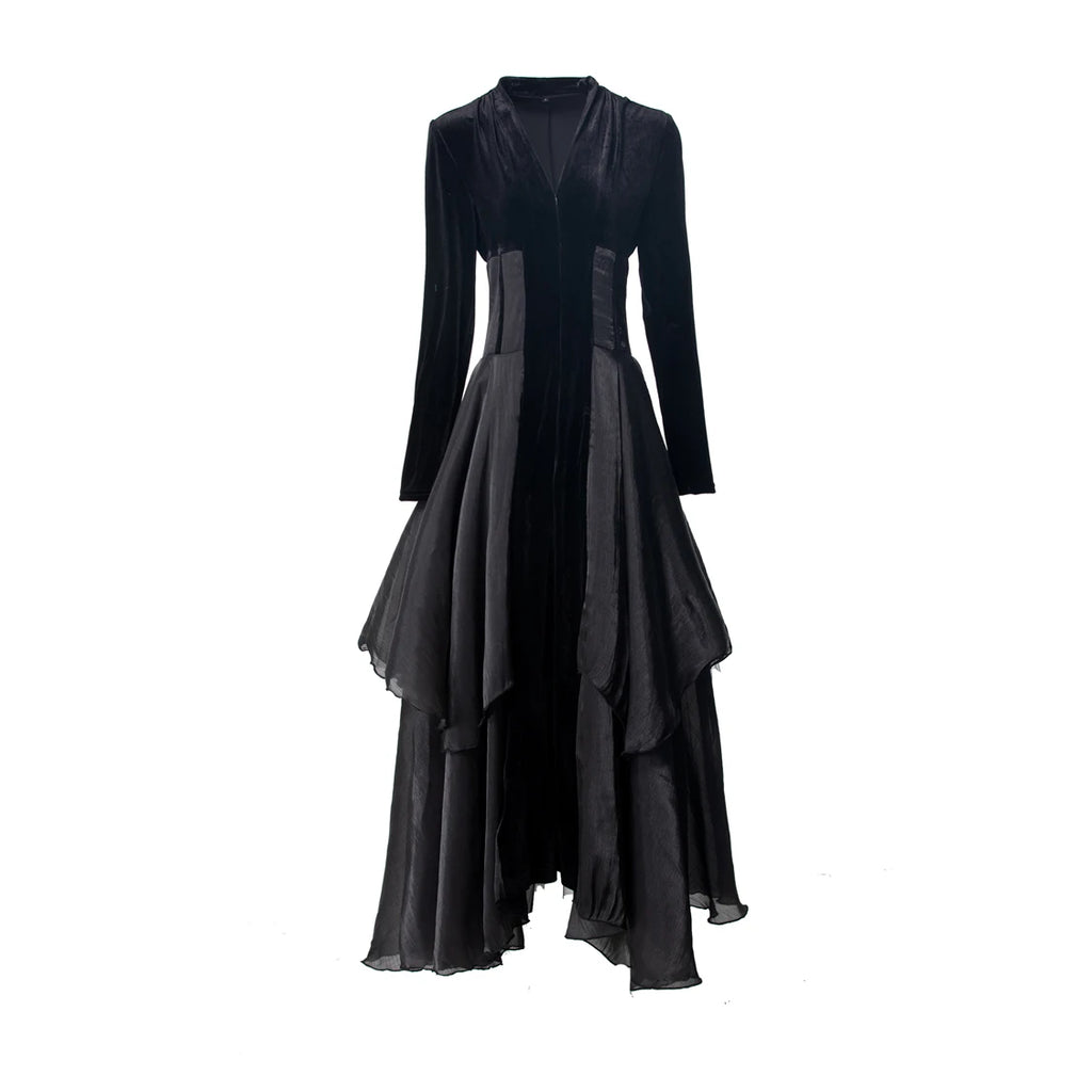 Women's Dresses Sexy V Neck Long Sleeves Velvet Patchwork Ruffles Elegant Fashion Designer Party Prom Gown - SalmanStore 