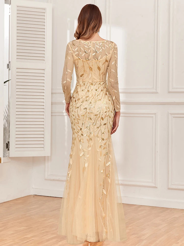 Mermaid Tulle Embroidery Evening Dress - O-Neck Full Sleeve Formal Gown - SalmanStore 