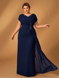 Plus Size Luxury Navy Blue Chiffon Mother of Bride Evening Dress - JStorehub 