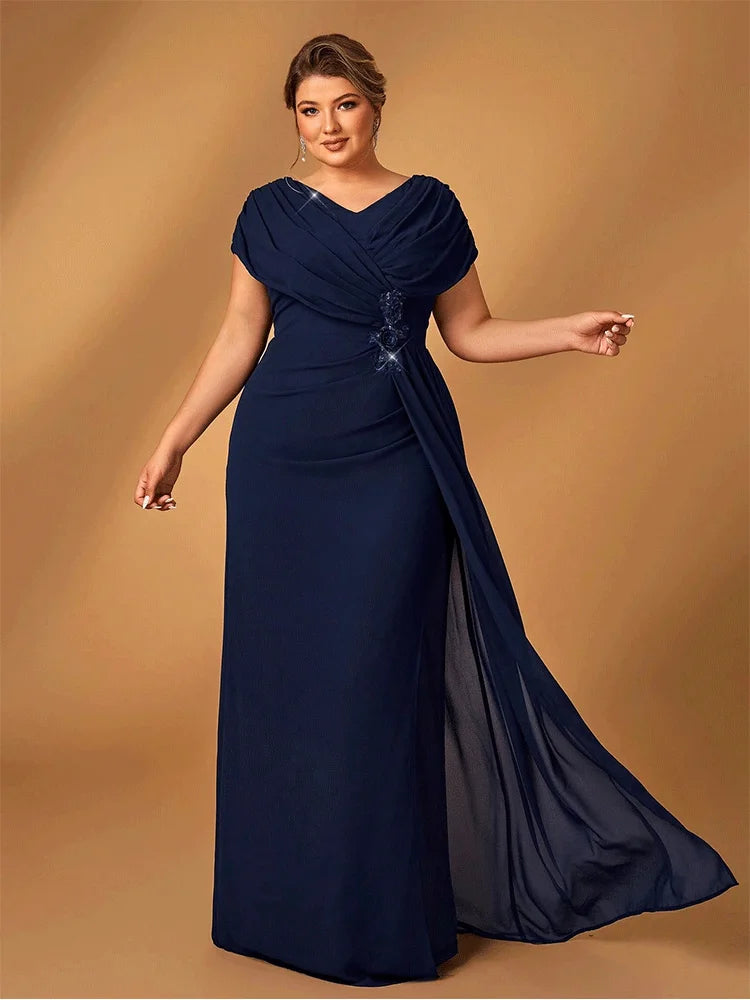 Plus Size Luxury Navy Blue Chiffon Mother of Bride Evening Dress - JStorehub 