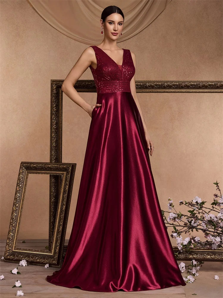 Elegant Sequin Evening Dress for Women - Deep V-Neck Satin Prom Gown 2024 - JStorehub 