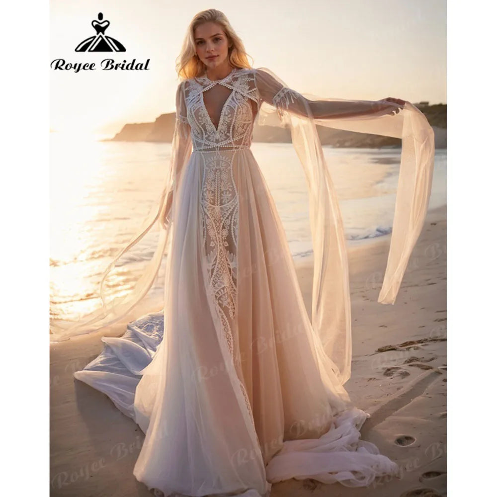 Hippie Flowy Lace Boho Wedding Dress with Cape - Backless Bohemian Bridal Gown - JStorehub 