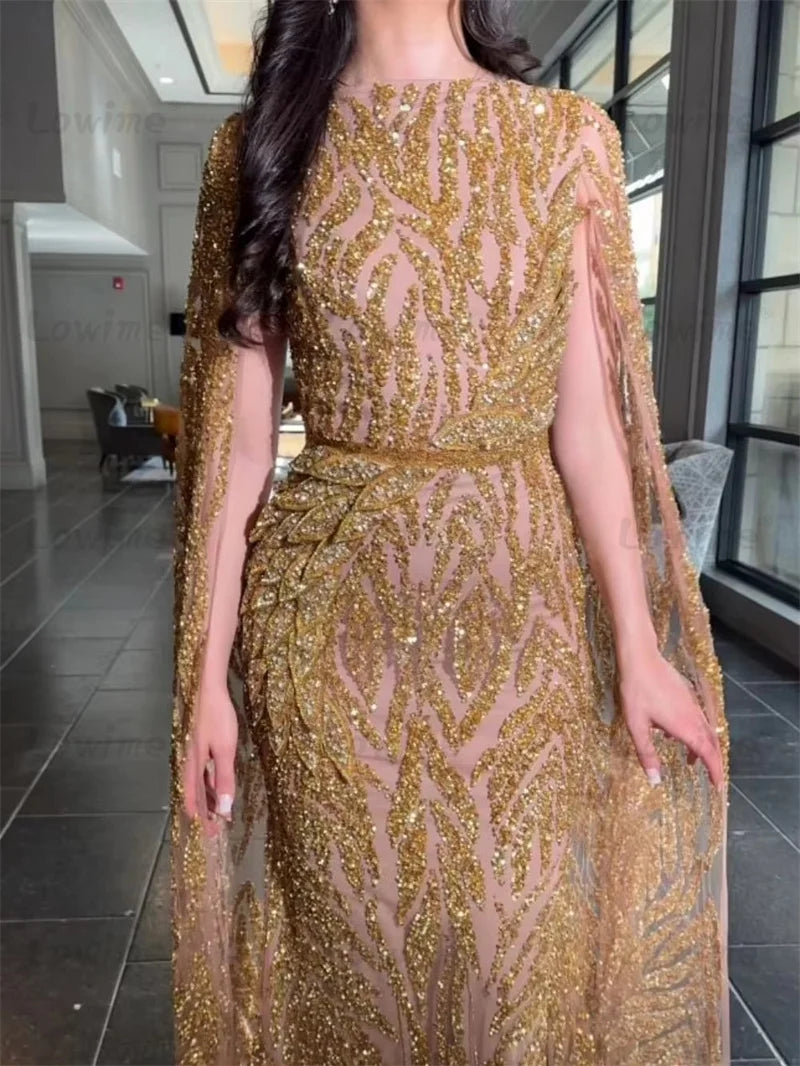 Gold Beaded Glitter Sequin Mermaid Evening Dress with Cape Sleeves - JStorehub 