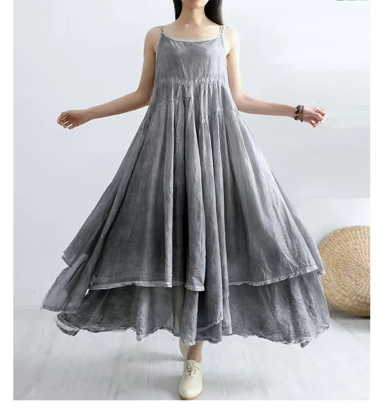 Summer Artistic Double Layer Linen Dress - Asymmetrical Hem Wide Waist - JStorehub 
