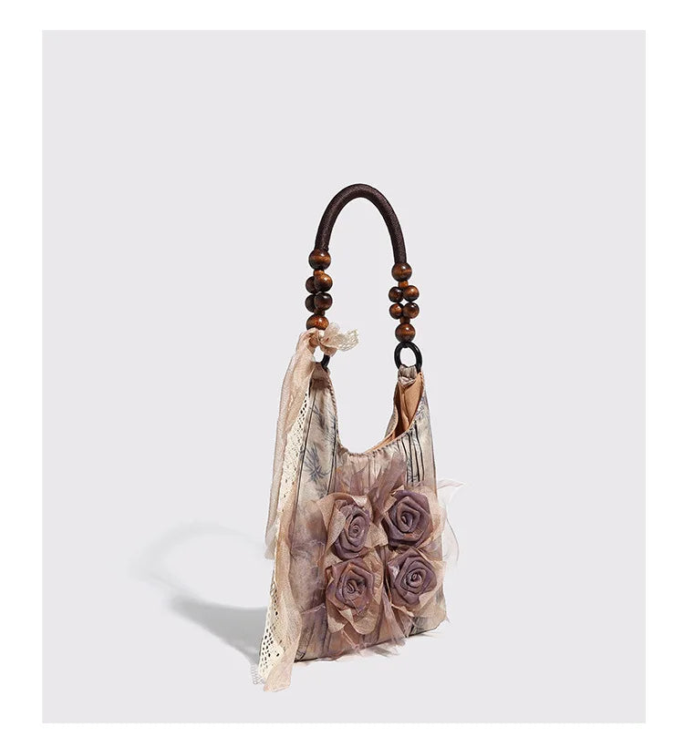 Chinese Style Rose Decor Shoulder Bag - Classic Pleated Commuter Tote Bag - JStorehub 