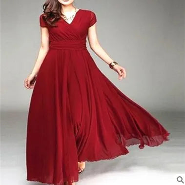 Women's Short Sleeve Chiffon Evening Dress - Bohemian Party Long Gown - JStorehub 