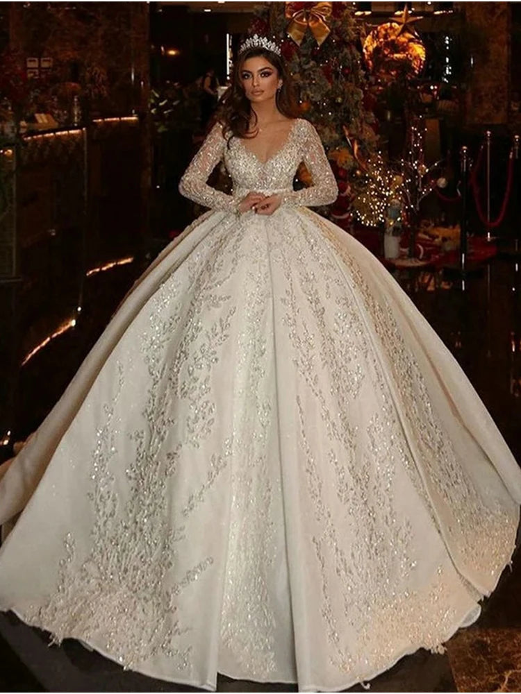 Shiny Fully Beaded Ball Gown Wedding Dress - O-Neck Full Sleeve Bridal Gown - JStorehub 