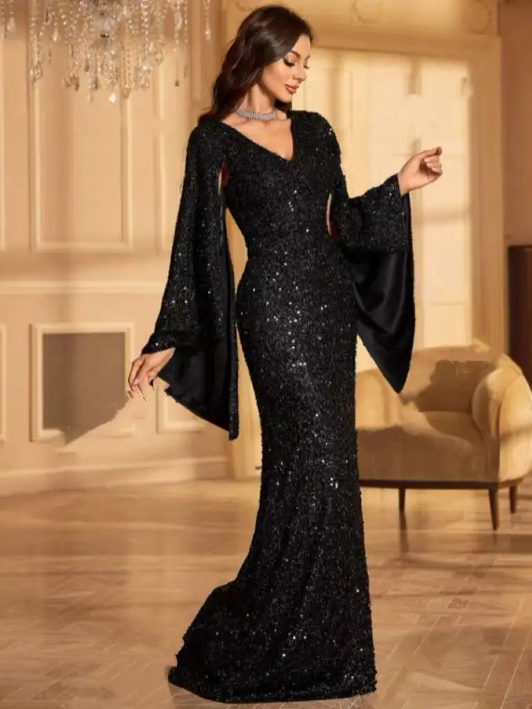 Elegant Chiffon Sequin Evening Dress - Round Neck Flared Cuffs Wedding Gown - JStorehub 