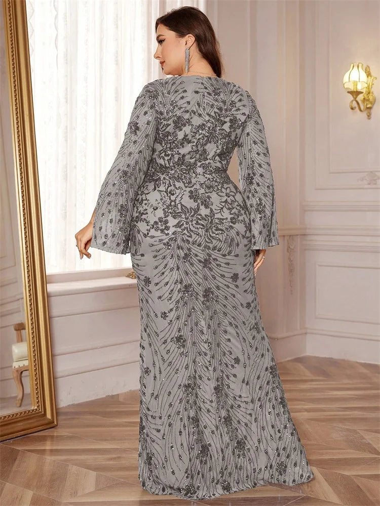 Plus Size Gold Sequin Mermaid Evening Dress - Long Sleeve Formal Prom Gown - SalmanStore 