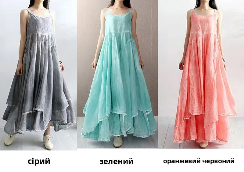 Summer Artistic Double Layer Linen Dress - Asymmetrical Hem Wide Waist - JStorehub 