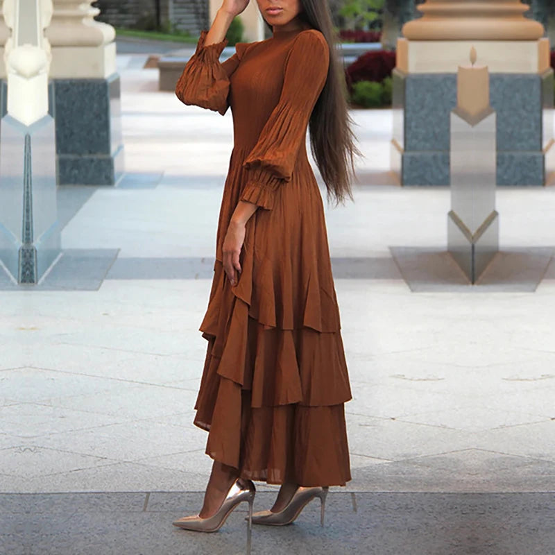 Miyake Pleated Lantern Sleeve Dress - Solid Color Lotus Edge Long Skirt - JStorehub 