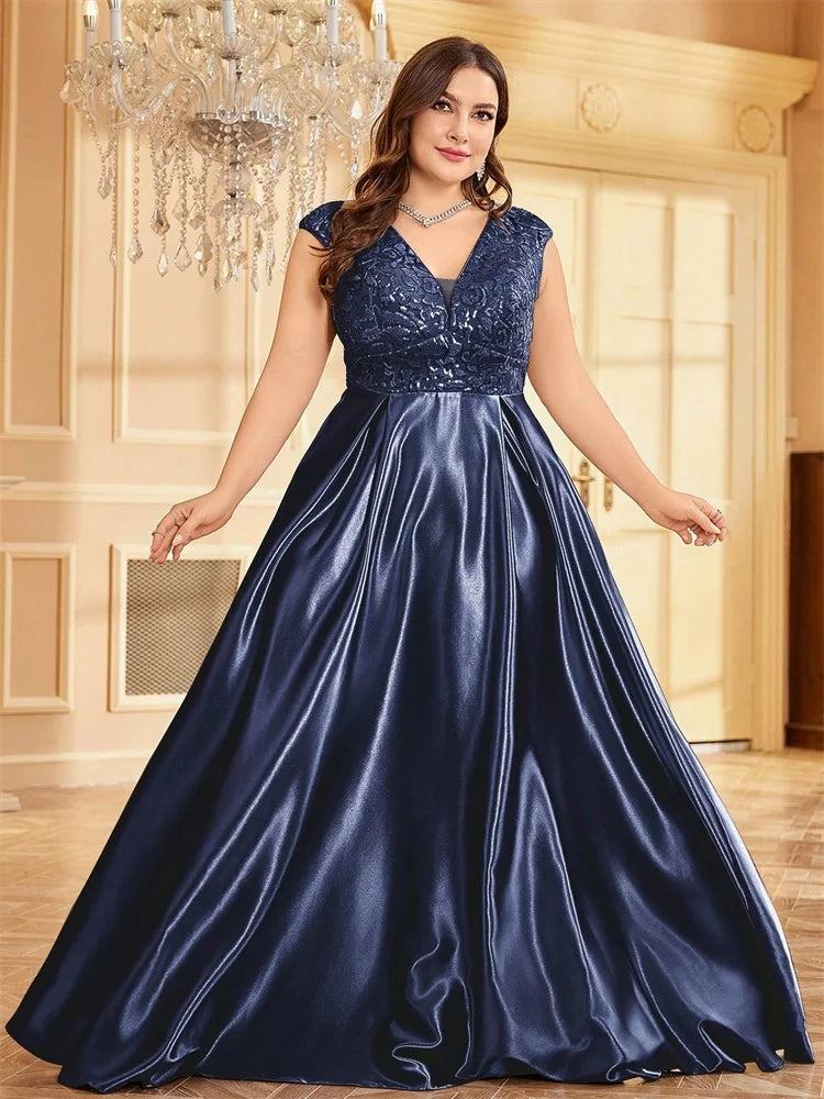 Blueplum Plus Size Gold Satin V-Neck Sequin Evening Dress 2025 - JStorehub 