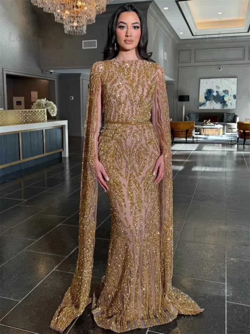 Gold Beaded Glitter Sequin Mermaid Evening Dress with Cape Sleeves - JStorehub 