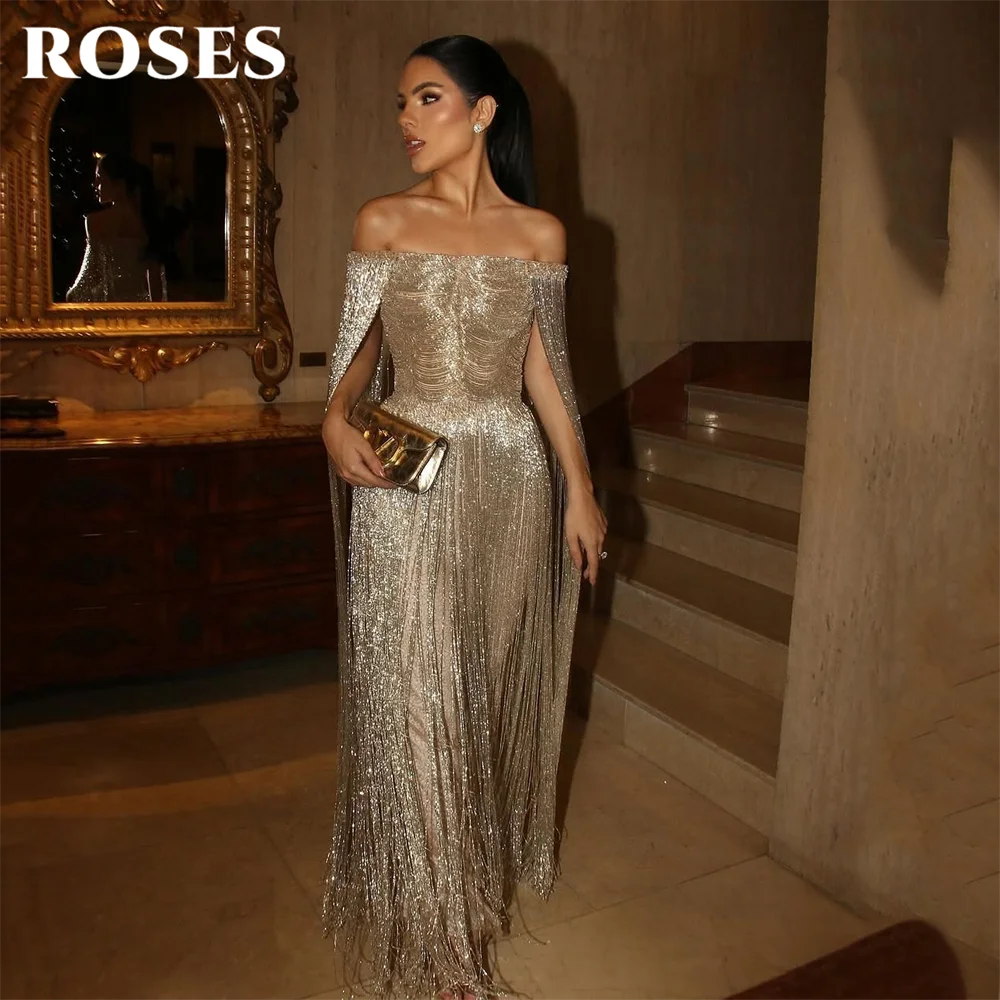 Roses Gold Luxury Off-Shoulder Tassel Mermaid Evening Dress - JStorehub 