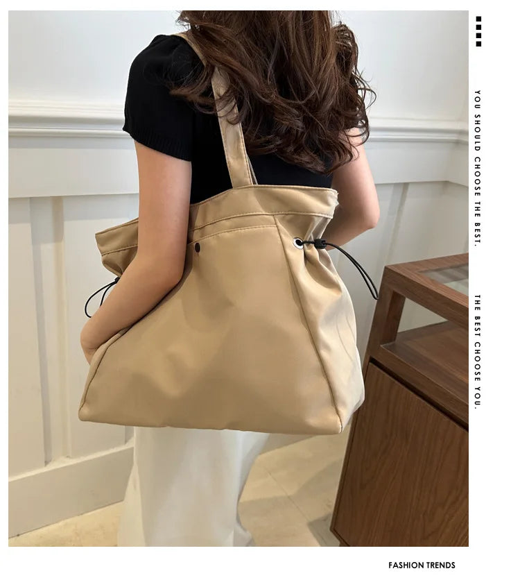 Casual Large Capacity Tote Bag for Women - Simple Aesthetic Drawstring Shoulder Bag