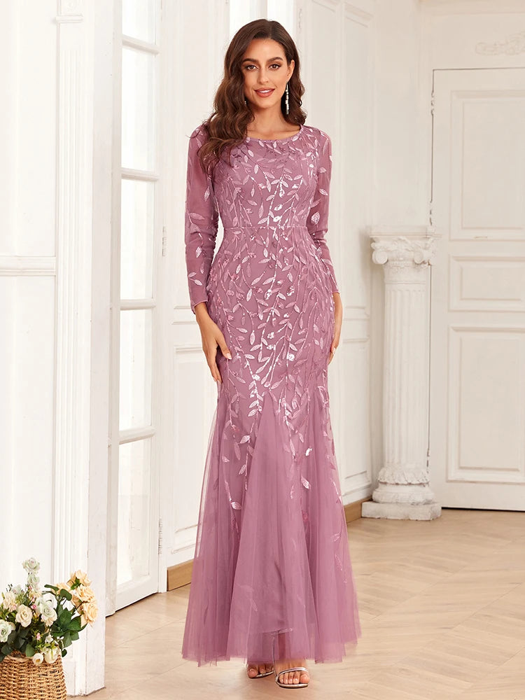 Mermaid Tulle Embroidery Evening Dress - O-Neck Full Sleeve Formal Gown - SalmanStore 