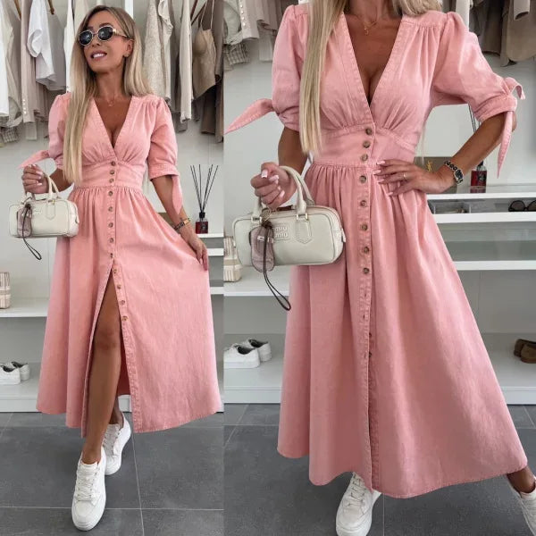 Women Dresses: V Neck Denim Dress - Elegant Style | Salman Store