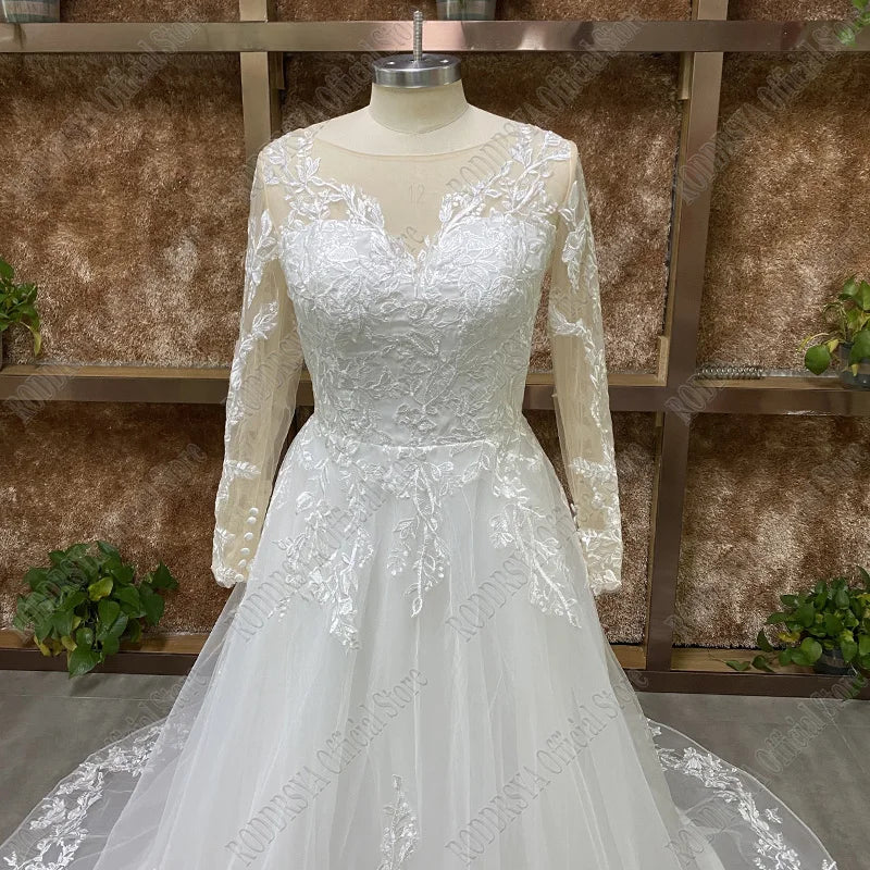Elegant O-Neck Wedding Dress - Lace-Up A-Line Applique Tulle Long Sleeve Gown - JStorehub 