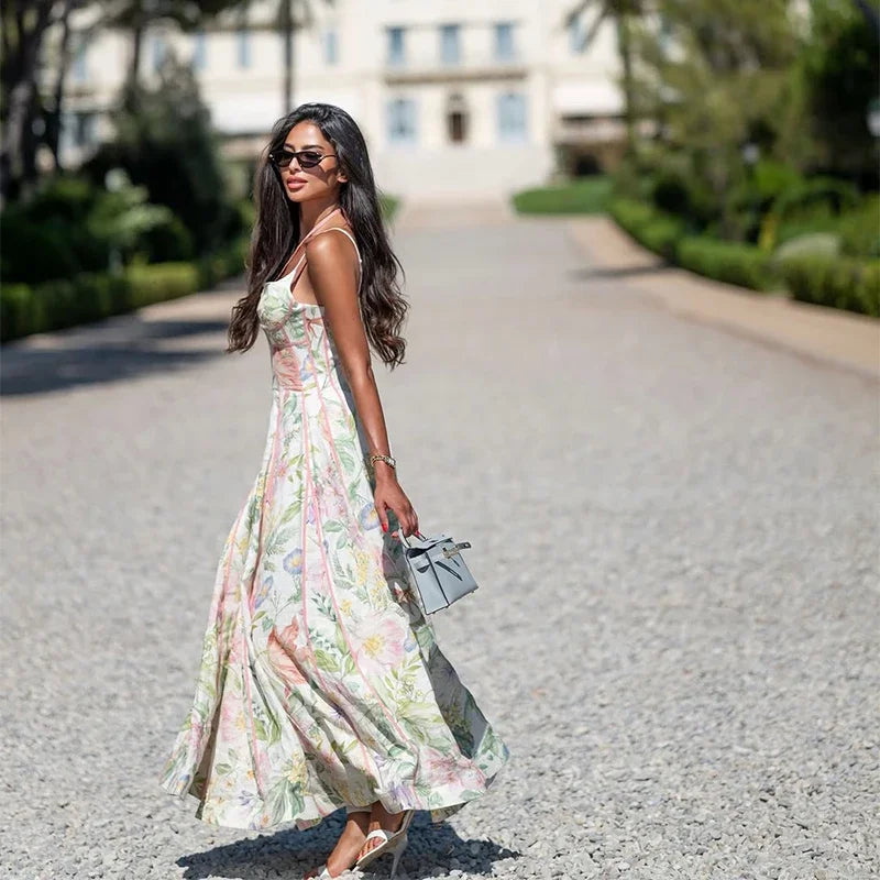 Elegant Printed Flower Women's Dress Contrast Sleeveless Halter Waist-Closed A-Line Lady Dresses Summer Fashion Vacation Robe