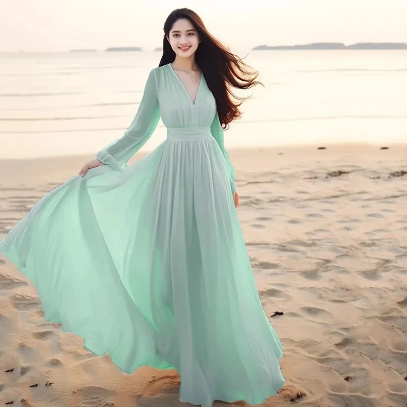 Beach Chiffon Long Sleeve Dress - Spring Summer Vacation Elegant Gown - JStorehub 