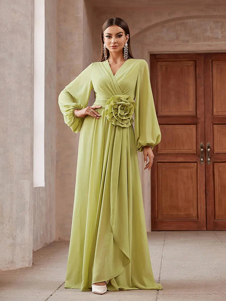 2024 Luxury Elegant Party Evening Dress - 3D Floral Lantern Sleeve Maxi - JStorehub 