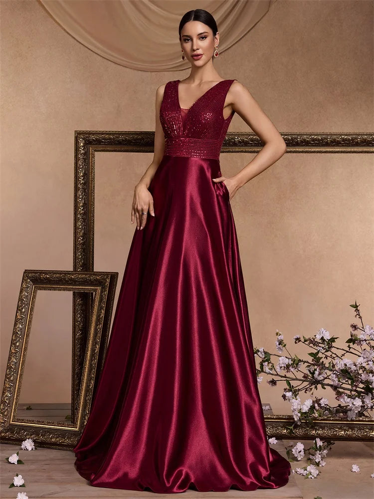 Elegant Sequin Evening Dress for Women - Deep V-Neck Satin Prom Gown 2024 - JStorehub 