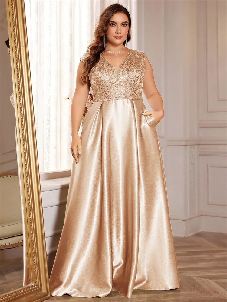Blueplum Plus Size Gold Satin V-Neck Sequin Evening Dress 2025 - JStorehub 