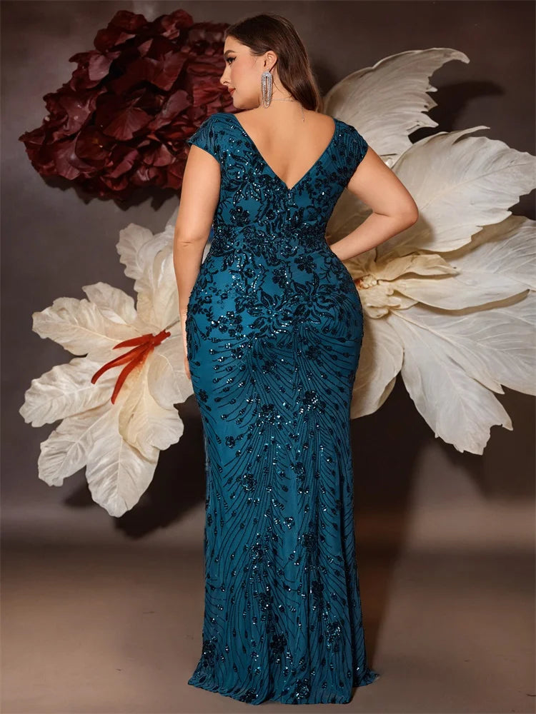 Plus Size Blue Sequin Mermaid Evening Dress - Long V-Neck Formal Prom Gown - SalmanStore 