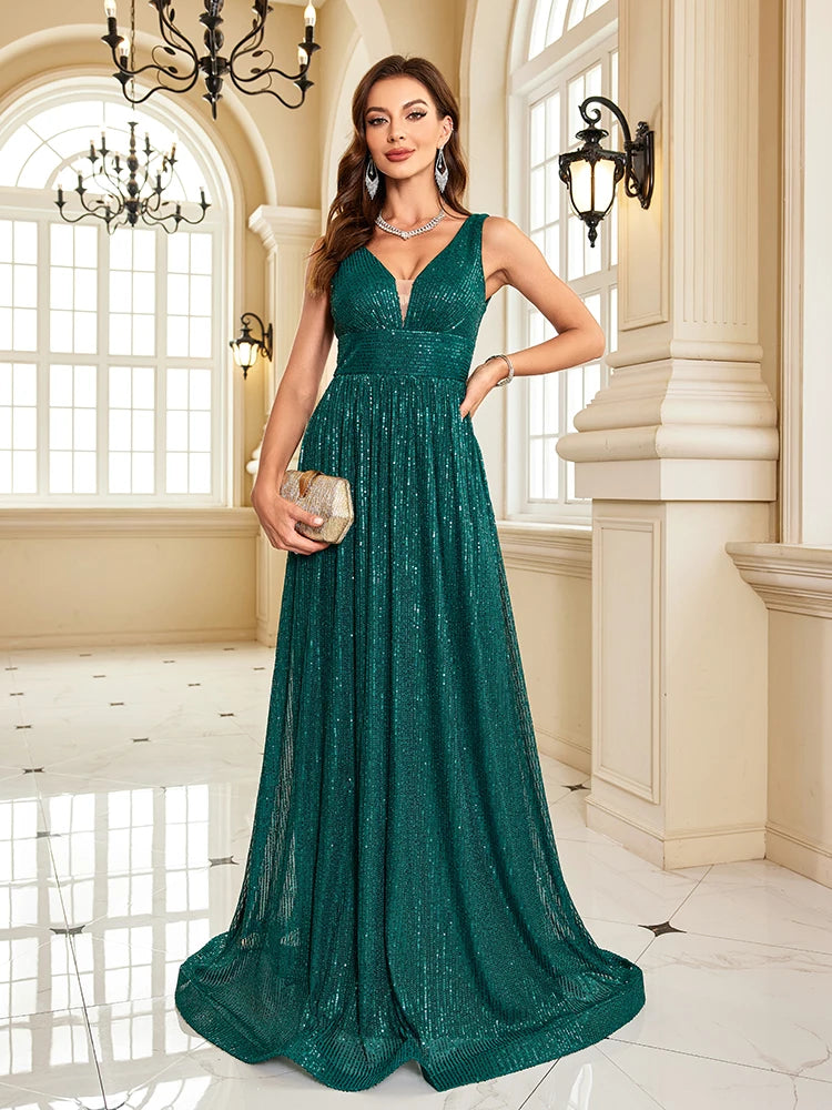 Luxury Green Sequin Evening Dress 2025 - V-Neck Sleeveless Formal Prom Gown - JStorehub 